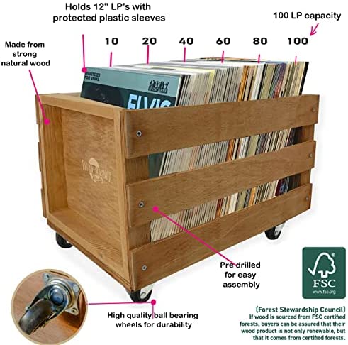 Retro Musique wooden 12 LP vinyle bac de rangement pour jusqu'à 100 albums  sur roues (manchon PVC) couverture en tissu Hesse comprend 50 vinyle  disques manteau…