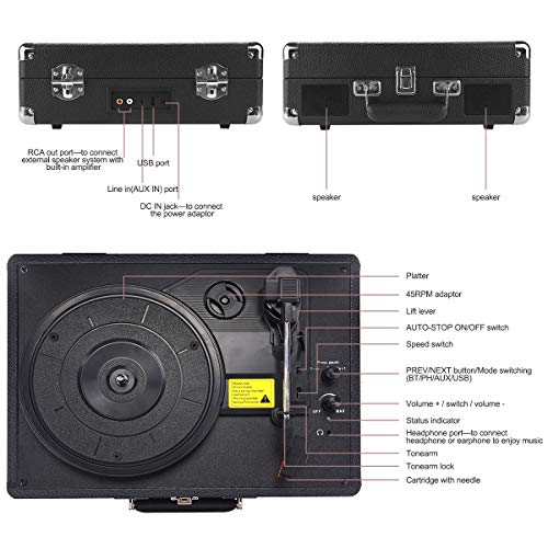 Platine Vinyle, Platine Vinyle Bluetooth, Tourne Disque Vinyle avec Haut-parleurs Intégrés, 3 Vitesses 33/45/78 TR/Min, équipé d'un Port USB/SD/AUX, Prise en Charge Bluetooth – Image 10